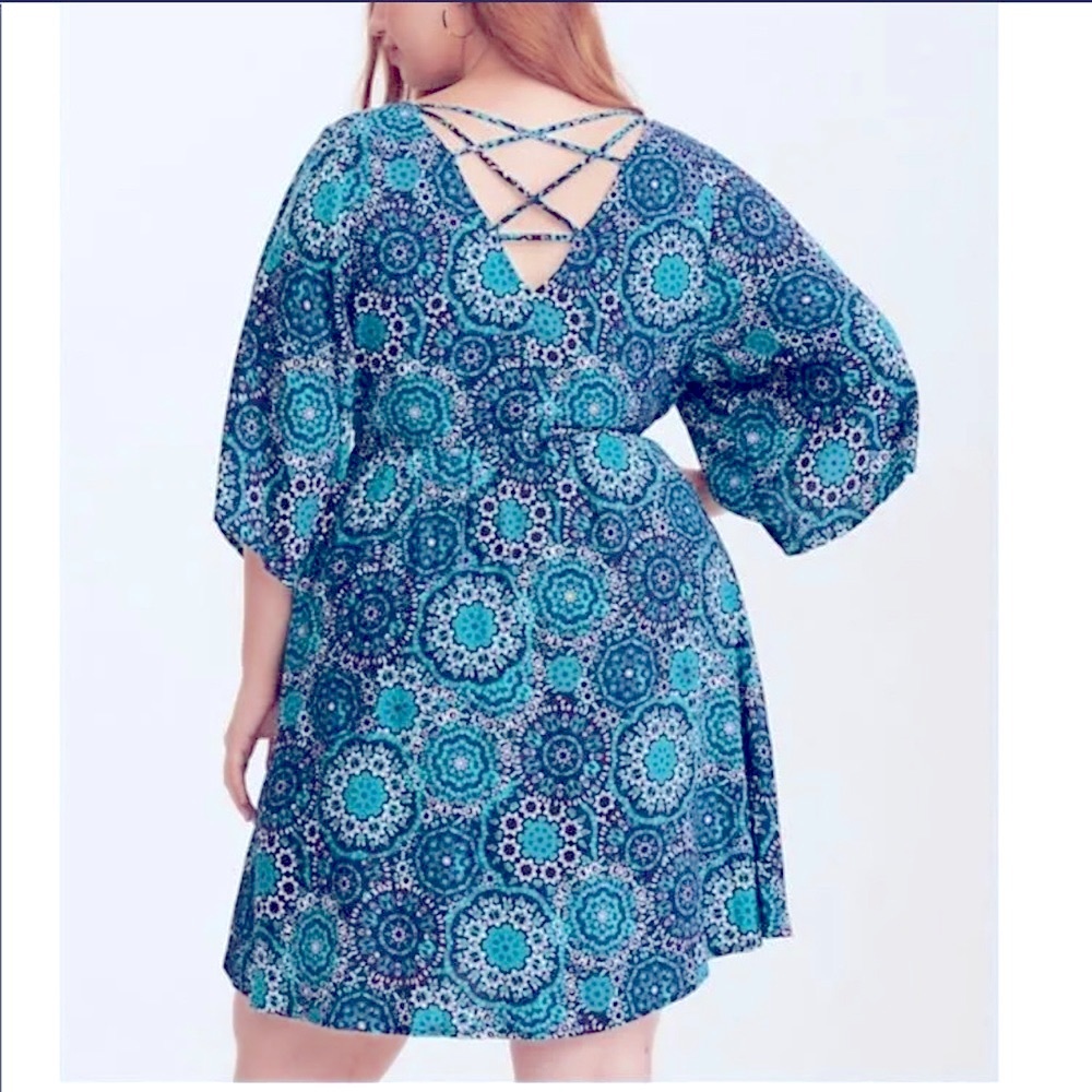 Torrid Geo Print Lattice Back Dress, Turquoise & Blue, Size 00 (US 10)